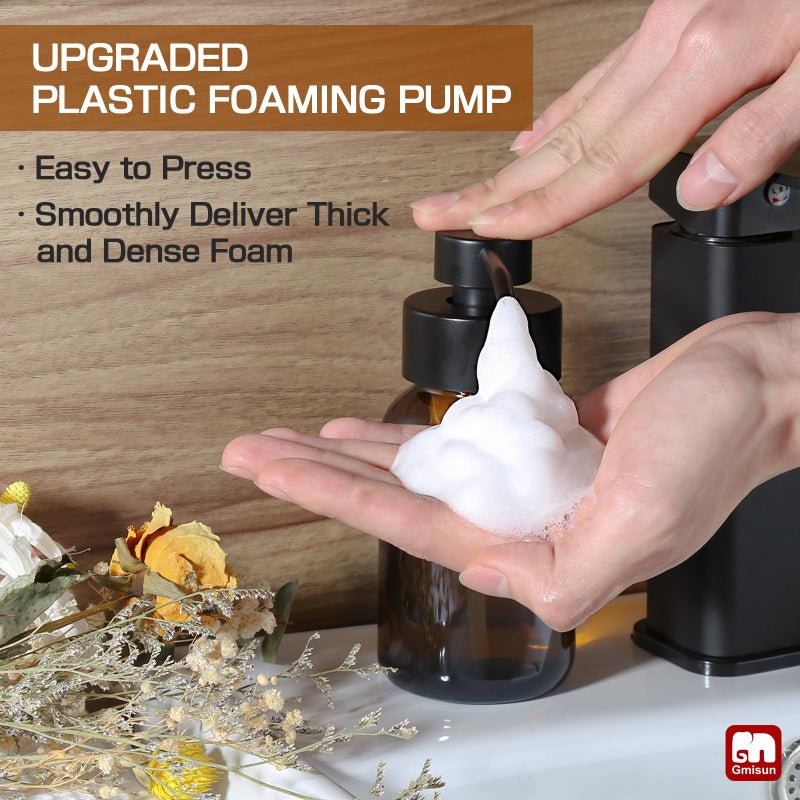 GM GMISUN GMISUN Foaming Soap Dispenser, 4 Pcs 8.5 Fl oz Amber Glass Foam Hand Soap Dispenser for Bathroom & Kitchen, Refillable Hand Soap Foam Dispensers, Modern Amber Glass Pump Bottle with Waterproof Labels - Image 2